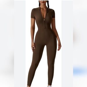 Love J Brown Ribbed Short Sleeve Jumpsuit